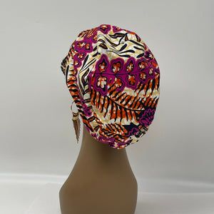 Surgical SCRUB HAT CAP,  Europe styles Ankara cotton print fabric pink maroon cream Euro hat and satin lining option.