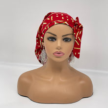 Load image into Gallery viewer, Adjustable PONY SCRUB CAP, Red cream White Ankara cotton fabric surgical scrub hat pony nursing caps, satin lining option for locs/Long Hair
