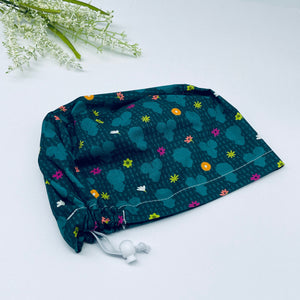 Surgical SCRUB HAT CAP, Green Europe style flowers cotton print fabric Black girls Euro hat multicolored floral satin lining option.