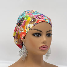 Load image into Gallery viewer, Surgical SCRUB HAT CAP, pink Europe style doughnuts cotton print fabric Euro hat multicolored satin lining option.