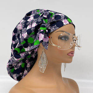 Adjustable Satin Lined PONY SCRUB CAP, Green Purple Black Ankara cotton fabric surgical scrub hat ponytail nursing caps for locs/Long Hair