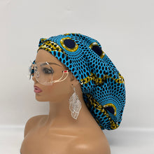 Load image into Gallery viewer, Adjustable PONY SCRUB CAP, turquoise Ankara cotton fabric surgical scrub hat pony nursing caps, satin lining option for locs/Long Hair