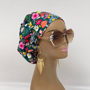 Surgical SCRUB HAT CAP,  Europe style mushroom daisy flowers cotton print fabric Euro hat multicolored floral satin lining option.