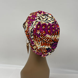 Surgical SCRUB HAT CAP,  Europe styles Ankara cotton print fabric pink maroon cream Euro hat and satin lining option.