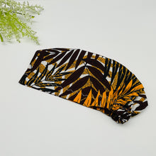 Load image into Gallery viewer, Surgical SCRUB HAT CAP,  Europe styles Ankara cotton print fabric brown yellow black off white Euro hat and satin lining option.