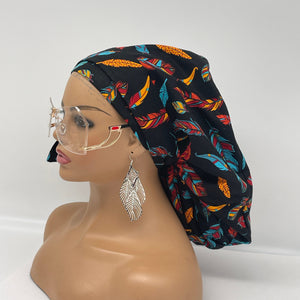 Adjustable Ankara PONY SCRUB CAP, feathers cotton fabric surgical scrub hat nursing caps and satin lining option for locs /Long Hair