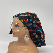 Load image into Gallery viewer, Adjustable Ankara PONY SCRUB CAP, feathers cotton fabric surgical scrub hat nursing caps and satin lining option for locs /Long Hair