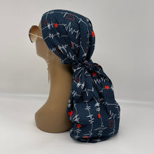 Load image into Gallery viewer, Adjustable Dread Locs and Long braids HAT Cap, Long pony style nursing scrub caps made with Black EKG cotton fabric and satin lining option