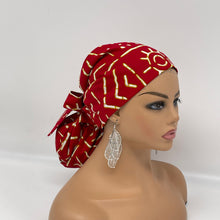 Load image into Gallery viewer, Adjustable PONY SCRUB CAP, Red cream White Ankara cotton fabric surgical scrub hat pony nursing caps, satin lining option for locs/Long Hair