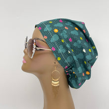 Load image into Gallery viewer, Surgical SCRUB HAT CAP, Green Europe style flowers cotton print fabric Black girls Euro hat multicolored floral satin lining option.