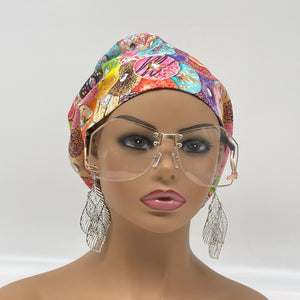 Surgical SCRUB HAT CAP, pink Europe style doughnuts cotton print fabric Euro hat multicolored satin lining option.