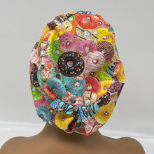 Load image into Gallery viewer, Surgical SCRUB HAT CAP, pink Europe style doughnuts cotton print fabric Euro hat multicolored satin lining option.