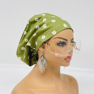 Adjustable surgical OR SCRUB CAP, Green Cotton print Daisy Europe style Summer nursing caps  and satin lining option.