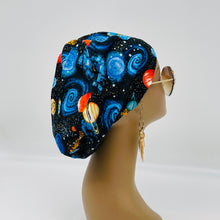 Load image into Gallery viewer, Adjustable surgical OR SCRUB CAP, Solar System night sky Europe style Summer nursing caps  and satin lining option.