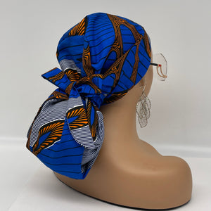 Adjustable PONY SCRUB CAP, Royal Blue Orange White Ankara fabric surgical scrub hat nursing satin lining option for locs/Long Hair