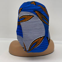 Load image into Gallery viewer, Adjustable PONY SCRUB CAP, Royal Blue Orange White Ankara fabric surgical scrub hat nursing satin lining option for locs/Long Hair