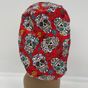 Adjustable PONY SCRUB CAP, Red skull day of the dead cotton fabric surgical scrub hat nursing satin lining option for locs/Long Hair