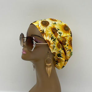 Niceroy surgical OR SCRUB CAP, Europe style nursing caps, Yellow Sunflower Cotton print fabric and satin lining option
