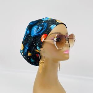 Adjustable surgical OR SCRUB CAP, Solar System night sky Europe style Summer nursing caps  and satin lining option.
