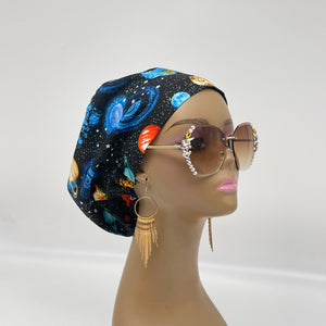 Adjustable surgical OR SCRUB CAP, Solar System night sky Europe style Summer nursing caps  and satin lining option.