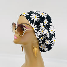 Load image into Gallery viewer, Adjustable surgical OR SCRUB CAP, Black, White and yellow cotton fabric Daisy Europe style Summer nursing caps  and satin lining option.