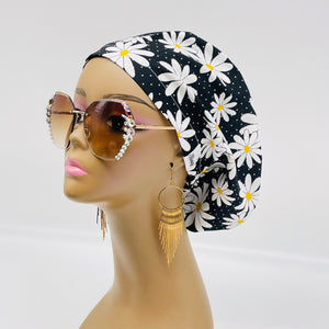 Adjustable surgical OR SCRUB CAP, Black, White and yellow cotton fabric Daisy Europe style Summer nursing caps  and satin lining option.