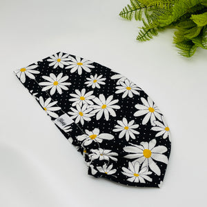 Adjustable surgical OR SCRUB CAP, Black, White and yellow cotton fabric Daisy Europe style Summer nursing caps  and satin lining option.