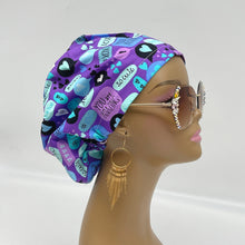 Load image into Gallery viewer, Adjustable surgical OR SCRUB CAP, Blue and purple cotton fabric xoxo love Europe style Summer nursing caps  and satin lining option.