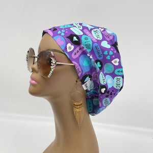 Adjustable surgical OR SCRUB CAP, Blue and purple cotton fabric xoxo love Europe style Summer nursing caps  and satin lining option.