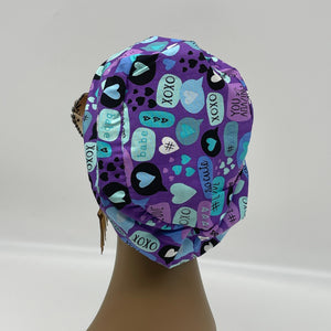 Adjustable surgical OR SCRUB CAP, Blue and purple cotton fabric xoxo love Europe style Summer nursing caps  and satin lining option.