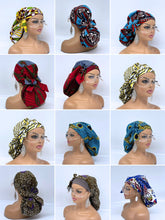 Load image into Gallery viewer, Adjustable Satin Lined Ankara PONY SCRUB CAP, Mystery Box. surgical scrub hat nursing caps for locs /Long Hair