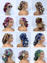 Load image into Gallery viewer, Adjustable Satin Lined Ankara PONY SCRUB CAP, Mystery Box. surgical scrub hat nursing caps for locs /Long Hair