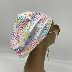 Adjustable surgical OR SCRUB CAP, white rainbow colored stars Europe style Summer nursing caps  and satin lining option.