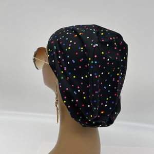 Adjustable surgical OR SCRUB CAP, Black multi colored polka dots Europe style nursing caps  and satin lining option.