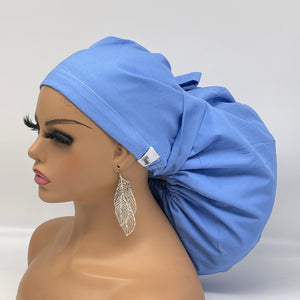 Adjustable 2XL JUMBO PONY SCRUB Cap, Baby Blue Berry Milk cotton surgical nursing hat satin lining option for Extra long/thick Hair/Locs