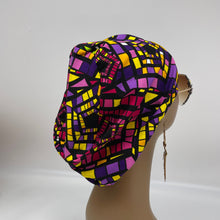 Load image into Gallery viewer, Surgical SCRUB HAT CAP,  Europe style geometric multicolored Ankara cotton print fabric Euro hat multicolored and satin lining option.