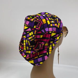 Surgical SCRUB HAT CAP,  Europe style geometric multicolored Ankara cotton print fabric Euro hat multicolored and satin lining option.
