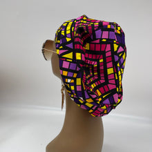 Load image into Gallery viewer, Surgical SCRUB HAT CAP,  Europe style geometric multicolored Ankara cotton print fabric Euro hat multicolored and satin lining option.