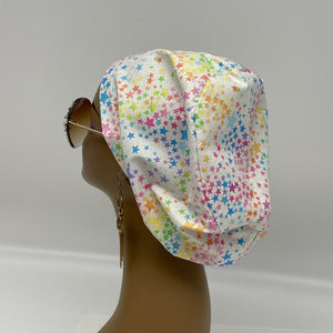 Adjustable surgical OR SCRUB CAP, white rainbow colored stars Europe style Summer nursing caps  and satin lining option.