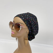 Load image into Gallery viewer, Adjustable surgical OR SCRUB CAP, Black multi colored polka dots Europe style nursing caps  and satin lining option.