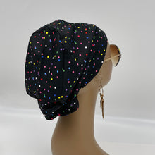 Load image into Gallery viewer, Adjustable surgical OR SCRUB CAP, Black multi colored polka dots Europe style nursing caps  and satin lining option.