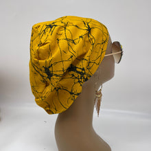 Load image into Gallery viewer, Niceroy surgical SCRUB HAT CAP,  Ankara Europe style nursing cap yellow teal black African print fabric and satin lining option.