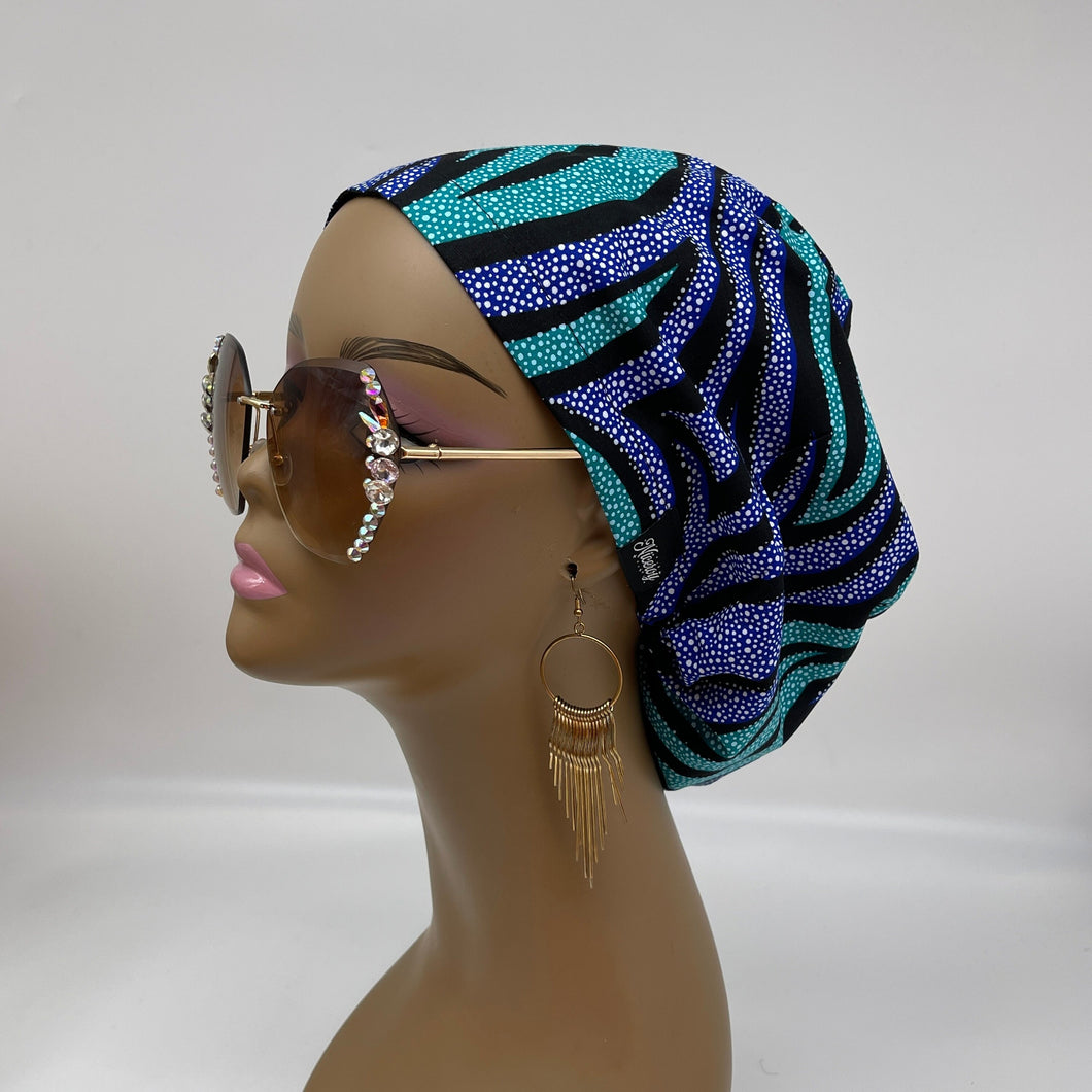 Niceroy surgical SCRUB HAT CAP,  Ankara Europe style nursing cap blue  teal black African print fabric and satin lining option.