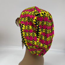 Load image into Gallery viewer, Niceroy surgical SCRUB HAT CAP,  Ankara Europe style pink black yellow colorful African print fabric and satin lining option.