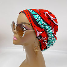 Load image into Gallery viewer, Niceroy surgical SCRUB HAT Cap, colorful Ankara Europe style Teal, Reddish orange African print fabric and satin lining option.