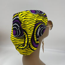 Load image into Gallery viewer, Niceroy surgical OR SCRUB CAP, Europe style nursing caps, yellow Purple Ankara Cotton print fabric hat and satin lining option