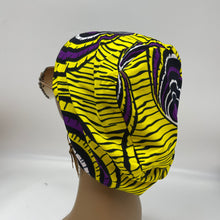 Load image into Gallery viewer, Niceroy surgical OR SCRUB CAP, Europe style nursing caps, yellow Purple Ankara Cotton print fabric hat and satin lining option