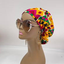 Load image into Gallery viewer, Niceroy surgical SCRUB HAT CAP,  Ankara Europe style pink cream black yellow white Kente African print fabric and satin lining option.