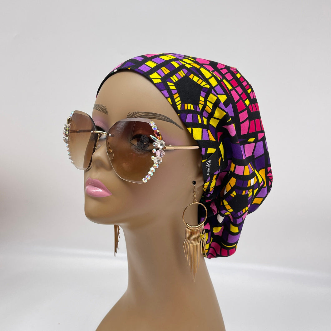 Niceroy surgical SCRUB HAT CAP,  Ankara Europe style pink purple black yellow colorful African print fabric and satin lining option.