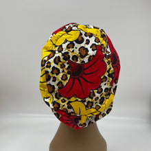 Load image into Gallery viewer, Niceroy surgical SCRUB HAT CAP,  Ankara Europe style brown red yellow white colorful African print fabric and satin lining option.